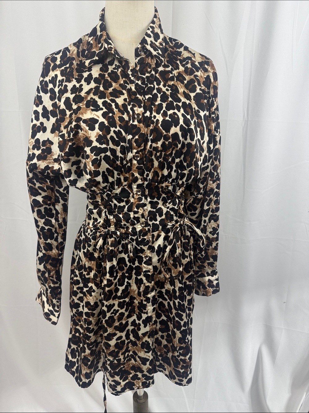 Fashion Nova Leopard Print Long Sleeve Shirt Dress - Brown/Black/Cream
